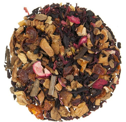 Loose leaf herbal tea blend with pieces of apple, hibiscus petals, rosehip, cinnamon, elderberry, clove, and cranberry blended together for a wonderful herbal tea flavour.