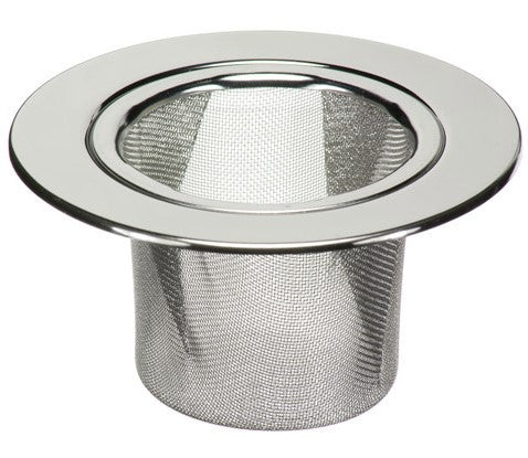 Stainless steel tea strainer with wide brim and cylindrically shaped mesh to fit on mugs or in tea pots to steep loose leaf tea.