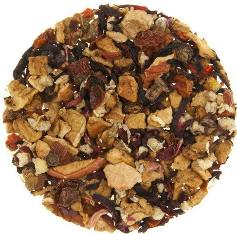 Loose leaf herbal tea blend with pieces of apple, hibiscus, rosehip, peach, and camomile petals. A wonderful caffeine free herbal tea tisane.