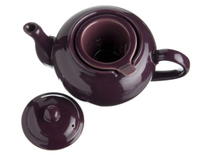 Load image into Gallery viewer, Tea pot displayed from the top angle that holds 3 cups of tea in the colour plum. The built in tea infuser can be seen, which is designed to strain the loose leaf tea while pouring. 
