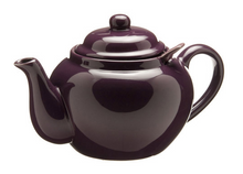 Load image into Gallery viewer, Tea pot that holds 3 cups of tea in the colour plum.  It has a built in tea infuser to strain the loose leaf tea while pouring. The perfect pot for loose leaf tea.
