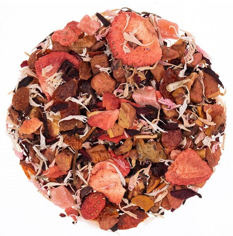 A delightfully pink and red loose leaf herbal tea blend with pieces of apple, hibiscus, rosehip, stawberry, papaya, cocoa and cornflower petals making a scrumptious chocolate strawberry tisane