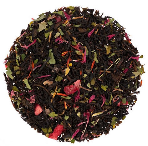 Black loose leaf tea with Pomegranate, Cherry stems, Moringa, Cocoa beans, Cranberry, Cornflower and Safflower petals. Brews a lovely cup of tea with black forest flavours.