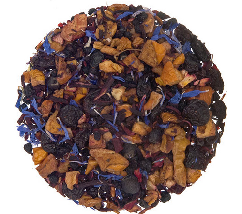 Loose leaf herbal tea blend with hibiscus petals, pieces of apple, elderberry, currant, blueberries, and blue cornflower petals