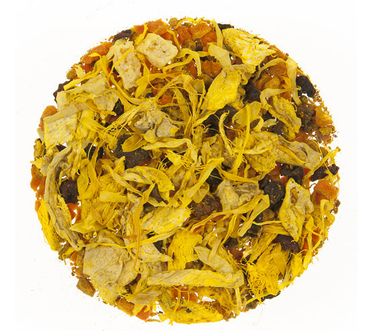 Herbal loose leaf tea with Ginger, Turmeric root, Carrot, Beet, Pineapple pieces, and Calendula petals. A yellow brewing tisane that packs a flavour punch in your cup of tea.