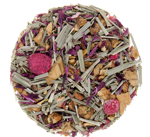 A herbal loose leaf tea with Apple pieces, Lemon Verbena, Lemongrass, Hibiscus, Lemon pieces, Raspberry pieces, and Cornflower petals. This tisane brews to a pretty pink, and its raspberry flavour comes through strongly. It is a best seller because it tastes as good as it looks!