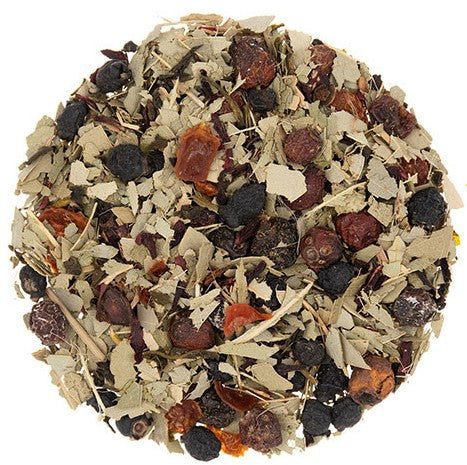 Herbal loose leaf tea with Eucalyptus leaves, Blueberries, Currants, Green tea, Hawthorn, Rosehip, and Hibiscus. Great herbal tisane to have on hand during the winter months