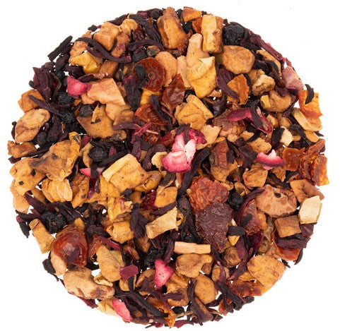 Loose leaf herbal tea blended with pieces of apple, hibiscus petals, rosehip, elderberry and cranberry, creating a perfect herbal tisane blend.