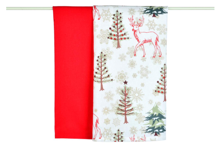 Deer/Tree and Red Tea Towel Set