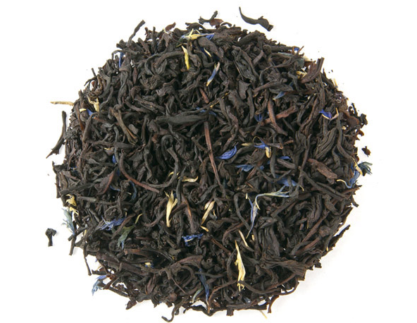 Black loose leaf tea with pretty blue cornflowers. This loose leaf tea is the British classic Earl Grey, a very flavourful and strong brewing tea.