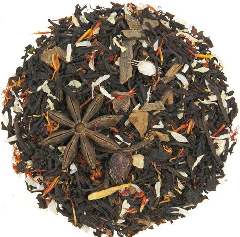 Black loose leaf tea with Cinnamon, Star anise, Cocoa beans, Ginger, Safflower petals, and Camomile white flowers. Brews a lovely cup of tea.