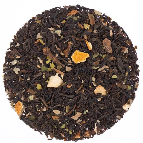 Black loose leaf tea blended with Cinnamon, Orange pieces, Lime and Blackberry leaves, and Cloves.