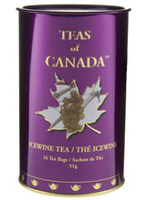 Load image into Gallery viewer, Best selling Icewine tea in a purple tin with &quot;Teas of Canada&quot; inscribed in gold lettering. Tea leaves are in pyramid tea bags. Perfect as a gift from Canada.
