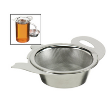 Load image into Gallery viewer, Stainless steal strainer in the shape of a tea pot. Inset picture shows strainer on top of a glass mug filled with tea to illustrate its use. Great to use when brewing loose leaf tea in a tea pot, to keep the tea leaves out of your tea cup.
