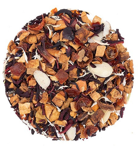 loose herbal tea with Apple, Hibiscus, Rosehip, Almond pieces, Cinnamon, and Cornflower petals. Brews a great tisane.