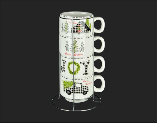 Four white mugs in silver coloured upright mug holder. Each mug has a wintery Christmas scene in Green, black and white checks, and a touch of red. One mug has a black and white check barn, another has black and white check farm truck carrying a green Christmas tree. Perfect to enjoy your holiday tea!