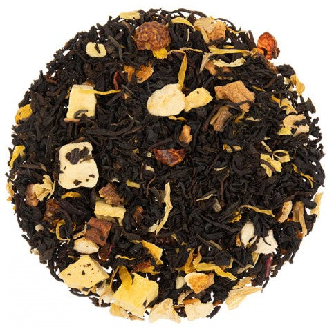 Pumpkin Spice black loose leaf tea with Apple, Orange, Rosehip, Pumpkin, Hibiscus, Calendula, Sunflower petals, and Cinnamon. Brews a very aromatic cup of tea.