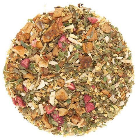 A loose leaf herbal tea blend with pieces of apple, strawberry leaves, ashwagandha root, elderflower petals, cranbery, and cornflower petals